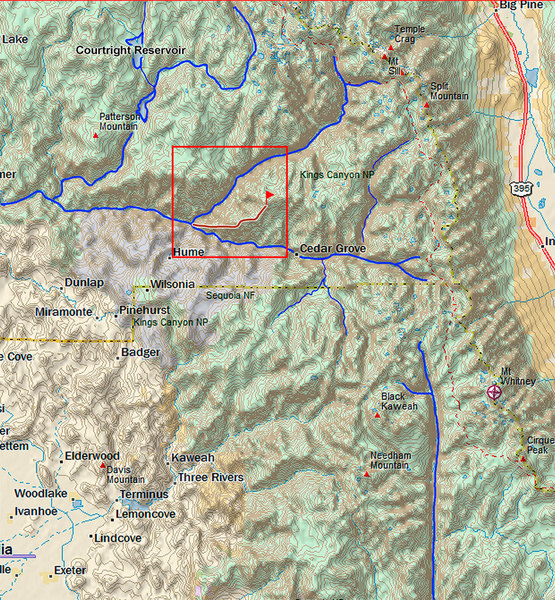 The Kern River cuts a canyon straight south for 30 miles to pass below The Needles. To the north, separated from the sources of the Kern by Mt. Erikkson and the Kings Kern Divide, the three mighty forks of the Kings River drain a huge area of the Sierra Nevada west of the Palisades Crest.
<br>
<br>
The Monarch Divide, marked here in red, rises steeply to the east from Yucca Point, the confluence of the south and middles forks.