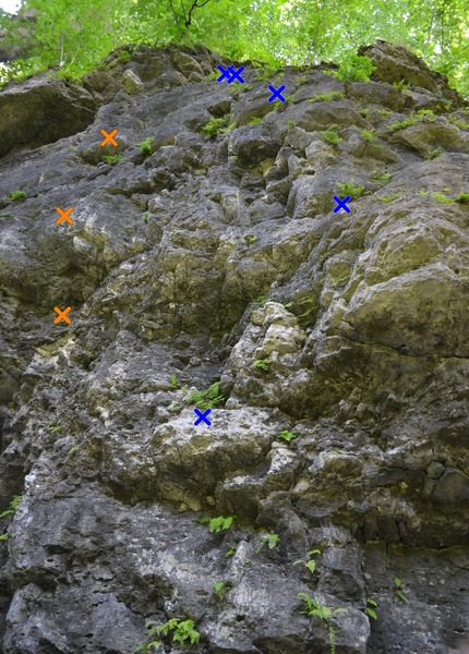 Man with a Beard (5.12b) (orange) (left) and Recyclable Stone (5.11b) (blue) (right). Shared anchors.