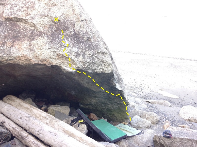 Fun line, sit start low and right on the low arete holds. Big move up on the arete, set feet-grab a poor left crimp and blast for the horizontal and top out. "Make it Hurt" sit start, V6/+
