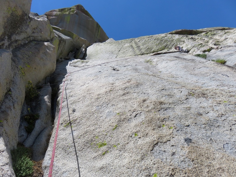 This is where the previous day we had exited off left to get to the South Face route, but to stay on the S Crack route, continue upwards. As you can see from where the rope goes in the photo, we ended up traversing across slab to a crack system off right. In my opinion, this crack system on the right was off route. I think the S Crack route continues up the corner on the left in the photo, but is unprotected for about 20 feet.