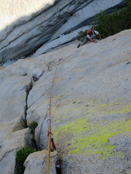 The somewhat exciting face traverse at the start of Pitch 1. This can be protected with offset cams, aliens, and nuts.