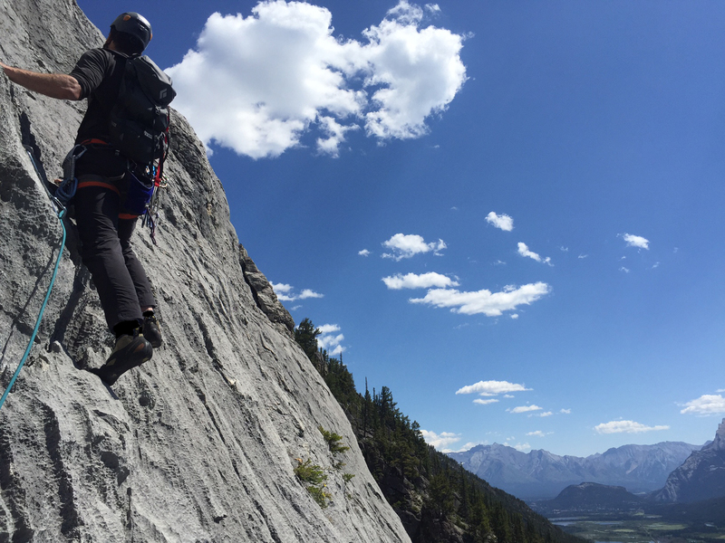 Leading out on Pitch 7. I scratched my head at a two of the bolt placements on this pitch on an otherwise well bolted route.