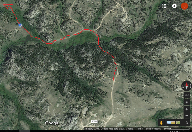 The Google Maps approach. This seems like the easiest way to get there. One creek crossing involved.