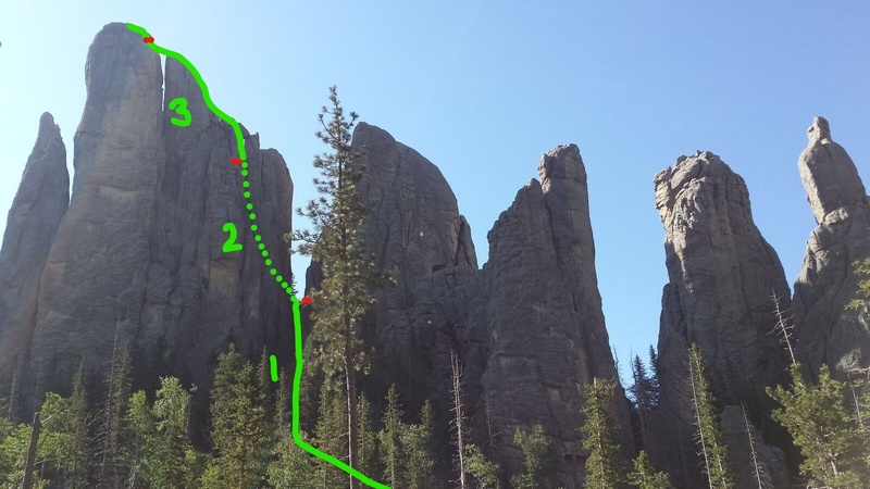 Route topo with pitch break down, note P1 is only a 5.0 scramble up the 3/4 divide between Spires 3 and 4. Approximate location of bolted anchors noted in red. This picture is taken from the Cathedral Spires main trail from the north side (back side) facing south. Note Spire 1 on the far right.