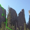 Route topo with pitch break down, note P1 is only a 5.0 scramble up the 3/4 divide between Spires 3 and 4. Approximate location of bolted anchors noted in red. This picture is taken from the Cathedral Spires main trail from the north side (back side) facing south. Note Spire 1 on the far right.