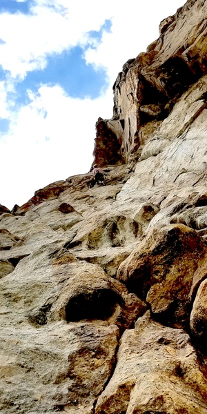 At the last hanger, two crux moves below and two to the chains.
