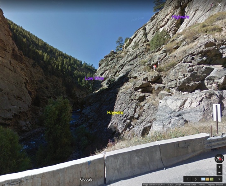 A potential new crag "Haywire" below Highwire.  JCOS rejected the development request.