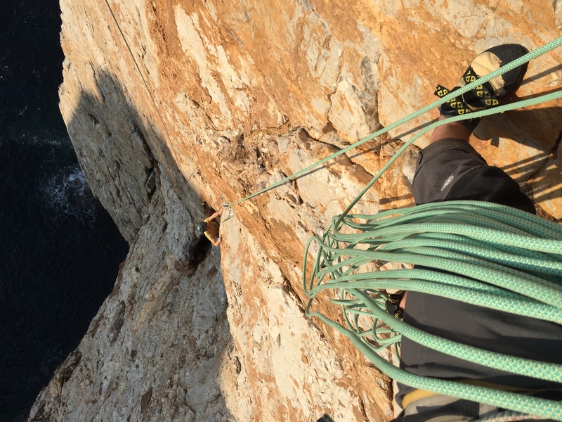 view looking down from the top of the second (crux) pitch.