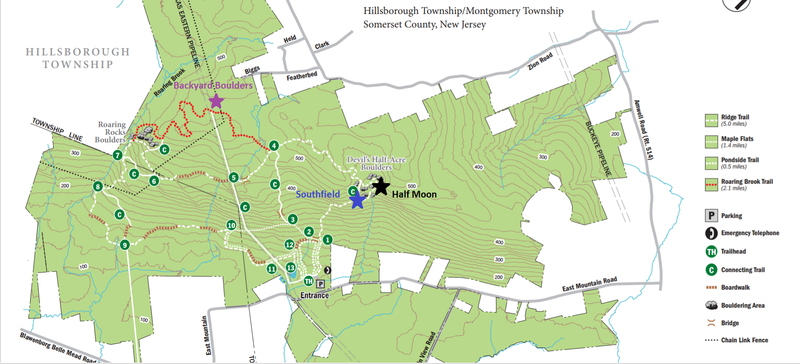 Trail map with bouldering areas added. Southfield begins at start of the connecting trail, Half Moon can be found by continuing right past the connecting trail, and Backyard boulders can be found just off the pipeline past the red trail junction.