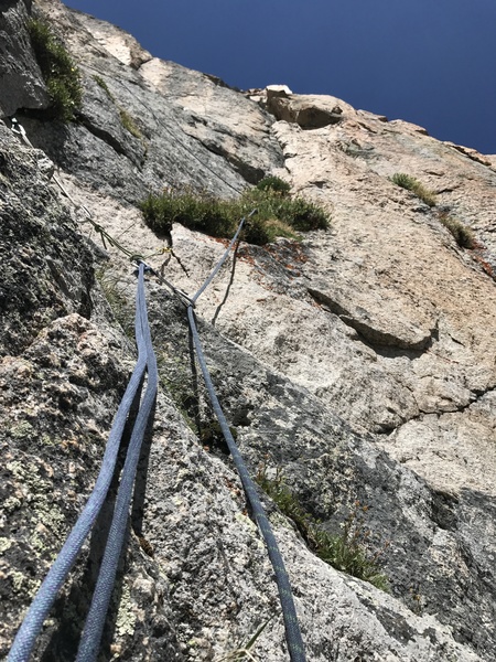 Looking up the Gold Corner, P7. Climb left of the corner, and then make crux moves back into the corner.