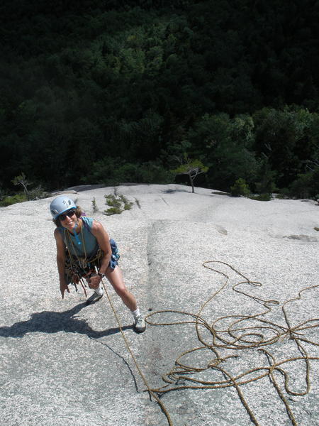 S Matz on the very low angled slab just below the 'thread and #2 Camalot" belay at the end of the normal pitch 2 (our P4 with 50m rope)