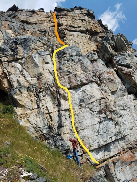 The route (approximately), with my rope gun Brice about to make what is likely the second ascent. I followed to give the route name legitimacy, obviously.