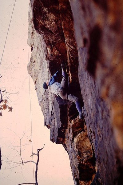 Top roping the cave route at Fall River, Kansas. David Engel, 1980