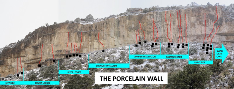 This is the Porcelain Wall. I will start to load all individual route info and photos... soon. Just to help me out I have temporarily divided up the wall into sections; this may or may not continue.