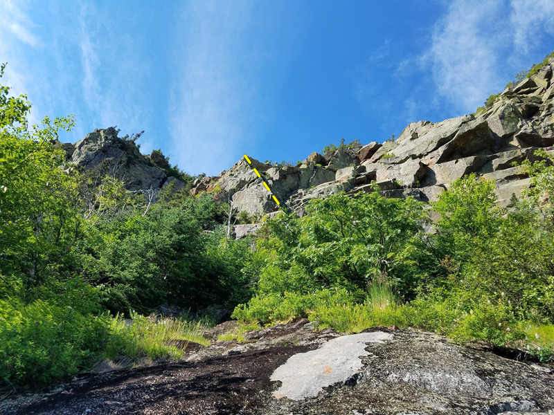 The left leaning slab to an arete on the headwall is what I believe to be the 8th pitch (5.7+). Can anyone confirm this?