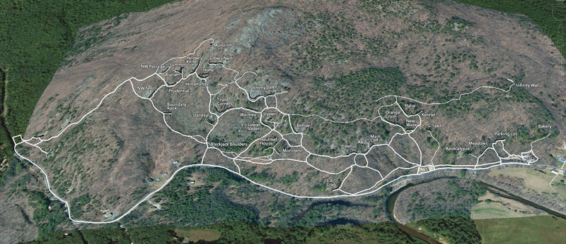 A Google Earth view of Rumney with trails mapped using GPS. Updated for 2017.
<br>
<br>
The thicker lines are the major trails. The thin lines are the minor trails. The black lines are the individual crags.