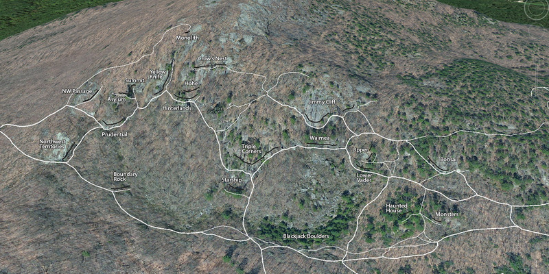 A Google Earth view of Rumney with western trails mapped using GPS. Updated for 2017.<br>
<br>
The thicker lines are the major trails. The thin lines are the minor trails. The black lines are the individual crags.