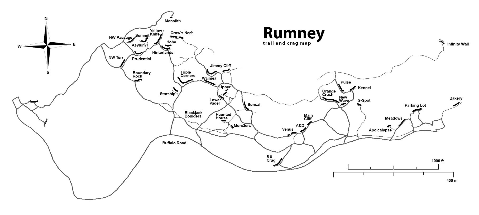 Overview of Rumney with trails mapped using GPS. Updated for 2017. The