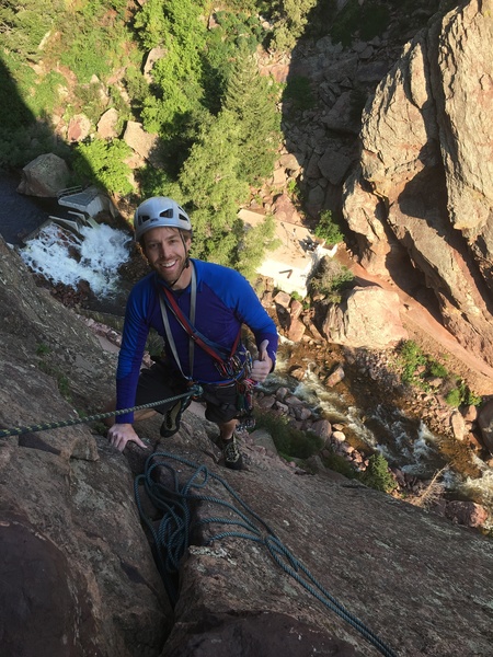 Near top of 1st/2nd pitch (the big ledge). Great to be back climbing after almost a 20 year hiatus!