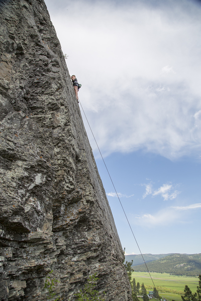 Courtney climbing Summer Solstice - photo taken from the ledge about 1/3 the way up.