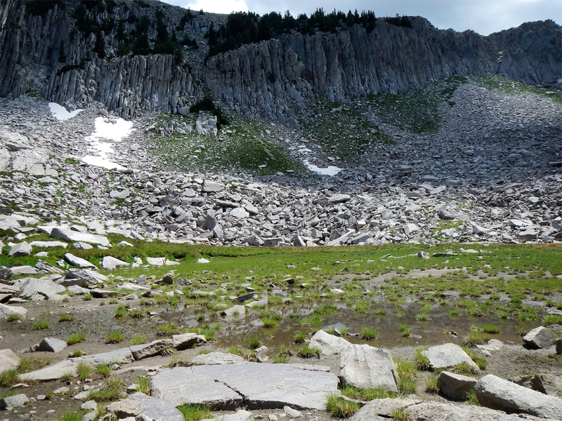 Water at the end of the cirque. This is below and slightly east of the Triangle Wall