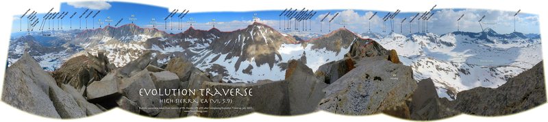 Labeled panorama of Evolution Traverse, as seen from summit of Huxley after completing the traverse, July 2017. (more labels than other version, thanks to Paul Decker who had fun ID'ing them all)