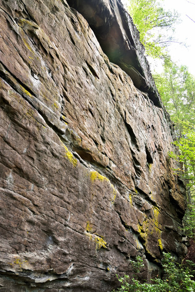 "The beautiful clean wall that is overhanging by about fifteen degrees".
<br>
Located on the West side of the ridge, opposite side from the start of the Grand Corridor. It's a bit of a bushwack to find and easier to approach the base from the South.