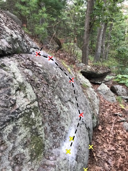 This shows the chalked starting jug (yellow X), two possible feet (low yellow Xs), and the slopey pocket (red Xs) you reach for. I thought it was a super fun little problem. It is worth doing for a warm-up.