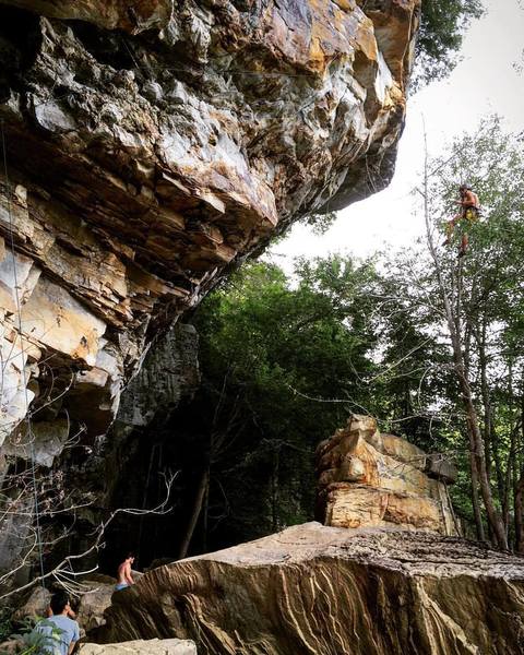 Being lowered after finishing Tobacco Road (5.12b) at Summersville Lake (NRG) in July 2017.