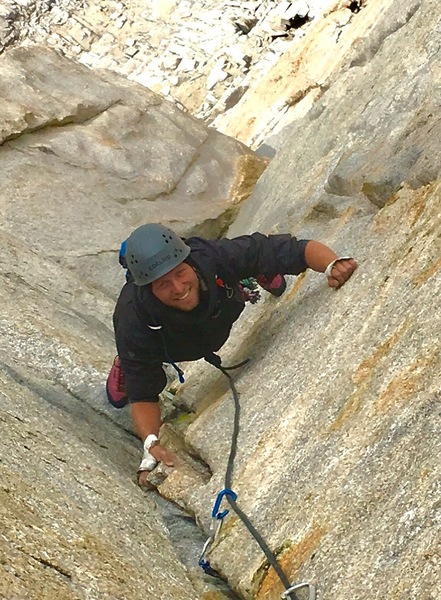 Pitch 3, approaching the small chimney.