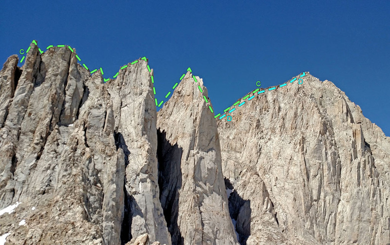 Third Needle + Crooks Peak + Keeler Needle seen from east from Pinnacle ridge:
<br>
C. Happy Cowboy
<br>
D. Whitney - SouthWest Edge