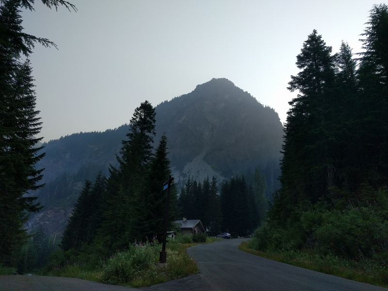 View of the approach (talus field), and the south west face of the Guye peak. (it was a smoky day because of all the wildfires in BC, Canada and WA in August 2017)