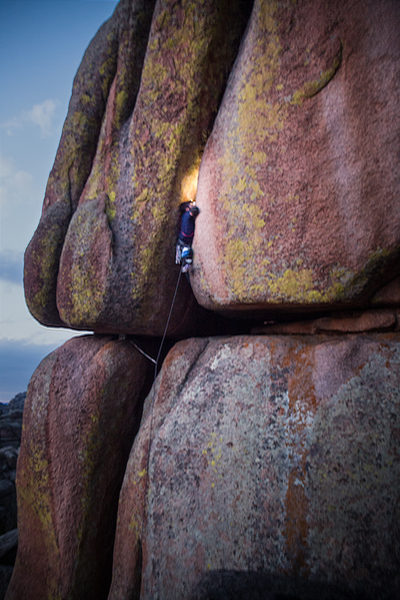 Whipping Boy is the obvious, right-leaning, wide crack on the wall left of Mother 1 and Baldwin Chimney. I ended up pushing for the ascent right after sunset when frustration over the afternoon's rain got too much. The route had dried enough and was quite exciting lit by headlamp.