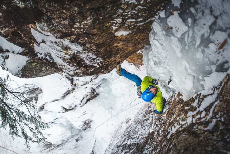 Jordan Cargill eyes the crux column of Hobbit Couloir. © Brent Doscher Photography