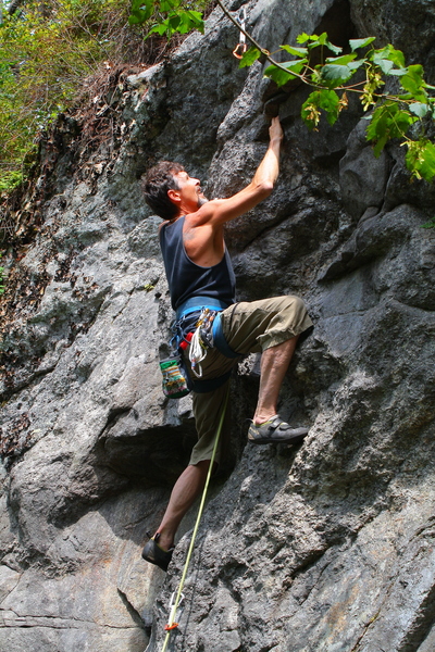 My dad playing in the tricky bit and approaching the crux.
<br>
Photo: Torie Kidd