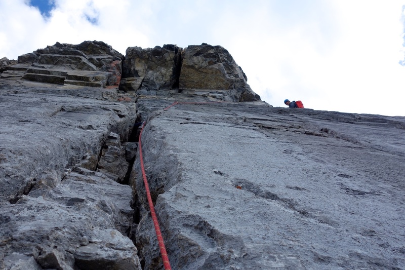 Nearing top of Headwall Pitch 3 and the end of the roped climbing on the route.