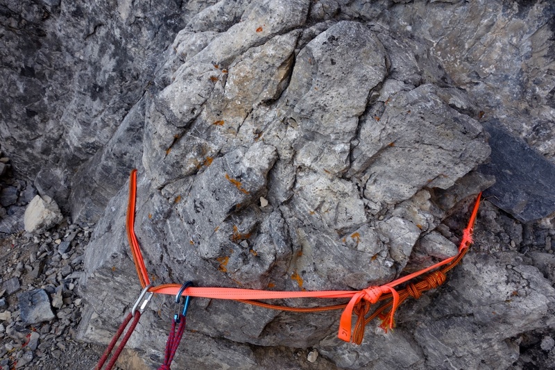 Rap 2 (of 4). This slung block is to skiers right below Rap 1 and visible from the Rap 1 anchor.
