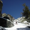 skiing up through boulders in lower part of North Fork Lone Pine Creek