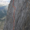 A shot of the upper pitches on the N. Face starting off the 3rd class grassy ledge system, showing approximate belays and the line.