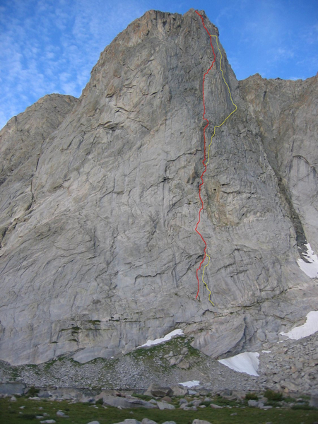 Arsenault-Bouchard in red, and the North Face in yellow, showing where they split at the 3rd class ledge.