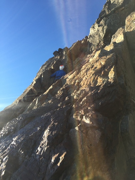 Marcos leading the 5.4 pitch on Olympus. One 30m rope was just long enough.