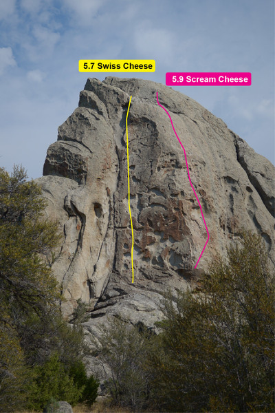 This is just the rough idea of the routes not exactly where you'll be climbing. I skipped the last bolt at the 5.9 scream cheese went right to the anchors. The top slab climbing was real scary.