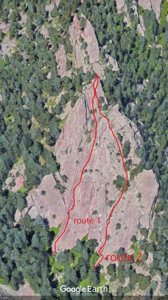 Two main lines that might be El Camino Royale. Route 1 seems more 5.2+. Route 2 seems more Class 4. Both match "low point of the rock to the right of a gully system". Comments?