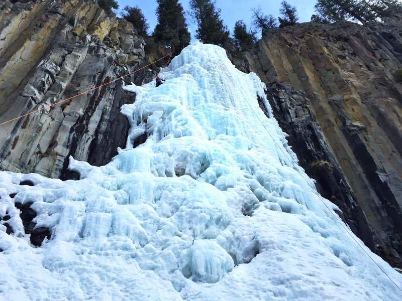 My wife Emilee climbing Palisade Falls WI3 in Hyalite Canyon February 2017