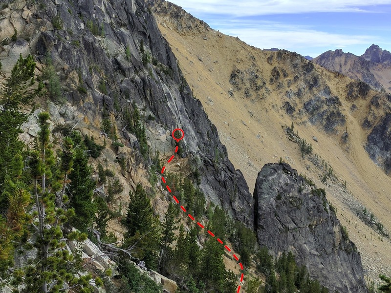 The start of the route is located at 48.553059,-120.594153 (elevation 7448'), uphill from the large notch on the ridge.