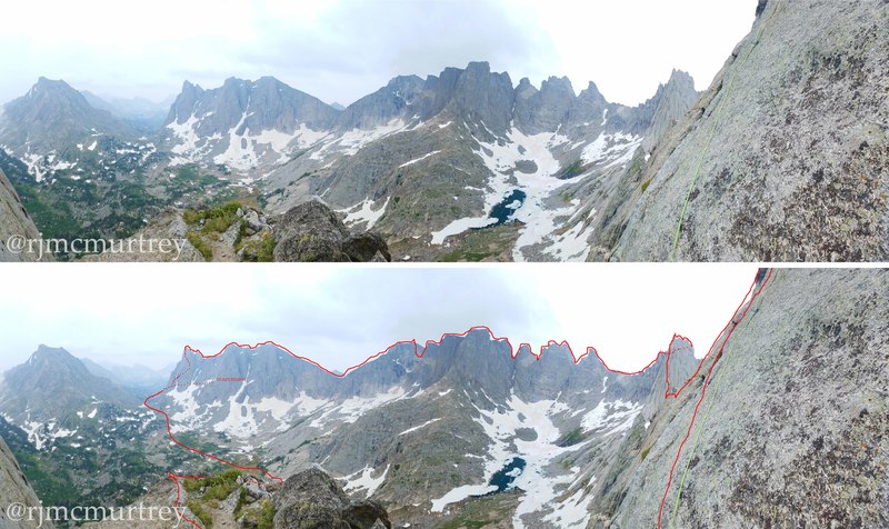 A rough outline of the route as seen from the start on Pingora.