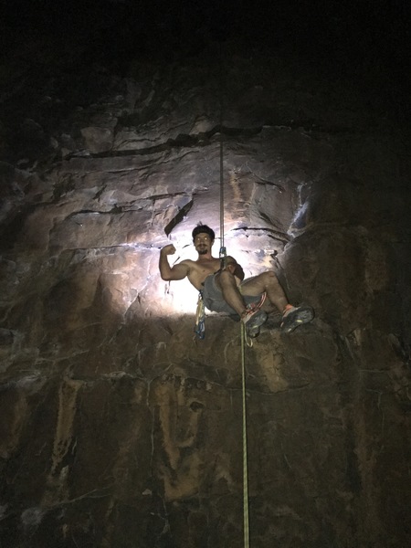 Rappelling after a night climb