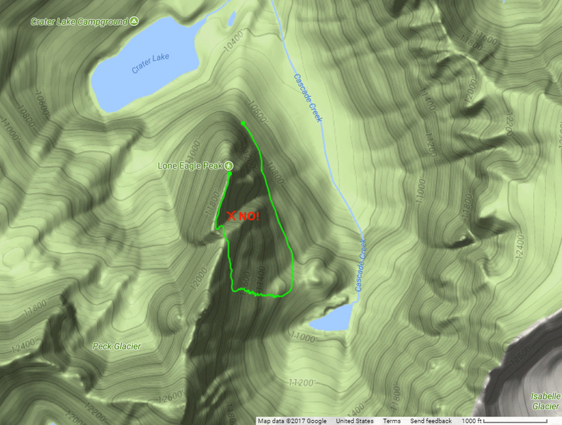 The descent route off Lone Eagle Peak.