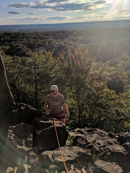 Boulder at top of Weissner Slab & belay station for 2nd pitch, Knight's Move.