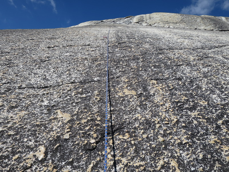 Looking up pitch 2 to the belay on a very comfortable ledge.